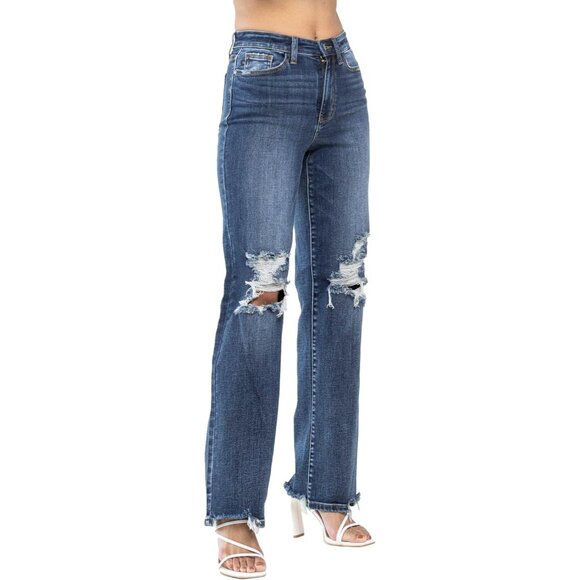 Women's High-Rise Straight Leg Ripped Denim Jeans Plus Size Dark Blue - Picture 2 of 7